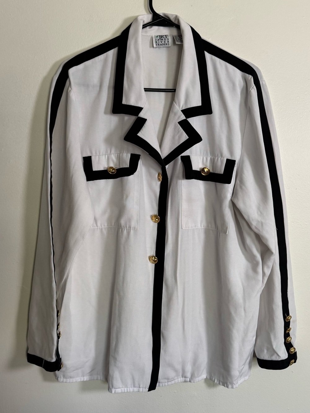 Vintage-Inspired White Blouse with Black Contrast Trim and Gold Buttons